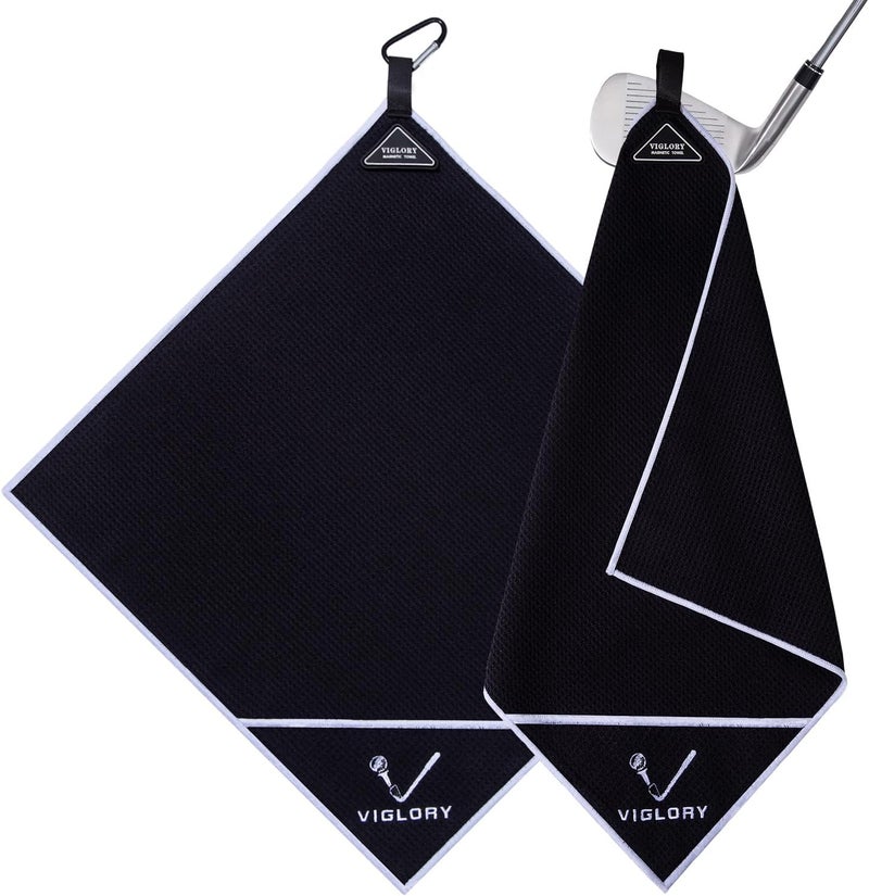 VIGLORY Magnetic Golf Towel for Bag 18" x 18" with Clip Exclusive Cleaning Pocket Microfiber Waffle Ultra Absorbent Club Ball Cleaner Essential Golf Accessories and Gifts for Men Women(Black 1 Pack) - Image 1